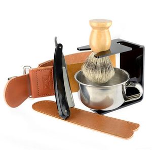 Maquinilla de afeitar recta para hombre, brocha de afeitar de tejón de dólar dorado, cuenco de jabón, correa de cuero para afilar, Set7113809