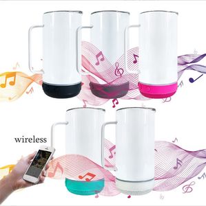Sublimación Tazas de café de 14 oz con fondos de altavoz Bluetooth Transferencia de calor térmico Vasos de música con asa y tapas selladas Botella de agua de vacío aislada A0022