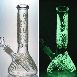 Tipo recto Cachimbas Patrón de medusas Bong de vidrio Resplandor en la oscuridad Tubería de agua Bongs de vaso de colores 18 mm Plataformas de dab de aceite de articulación femenina con tazón GID04