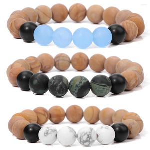 Brin 10mm en bois mat pour femmes hommes pierre naturelle grandes perles noir Onyx Bracelet extensible méditation prière bijoux