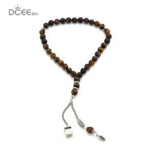 Strand 10mm Tiger Eye Stone Gland Pendentif 33 Perles De Prière Avec Kaaba Islamique Musulman Tasbih Mohammed Chapelet Pour Femmes Hommes Brins Perlés