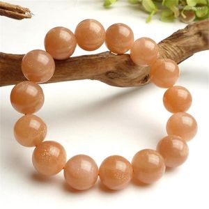 Strand 14mm Genuine Natural Sunstone Moonstone Stretch Pulseras Mujeres Hombres Potente Charm Round Crystal Bead Bracelet