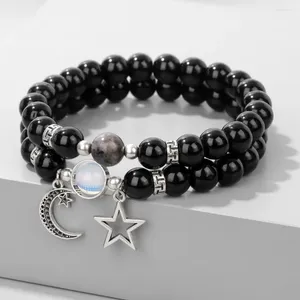 Strand 2 unids/set estrella Luna parejas pulsera de labradorita piedra Natural negro ónix cuentas de ópalo pulseras elásticas para mujeres hombres joyería regalo