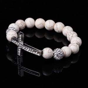 Strand Beaded Strands Beading Bracelet White Stone Rhinestone Bangle Elastic Natural Stones Beads Charms Hombres Mujeres Joyería Cruz colgante