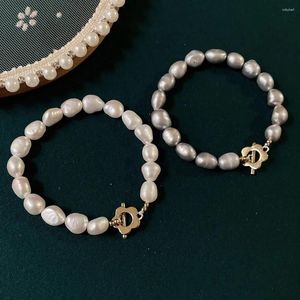 Pulseras de perlas naturales de agua dulce para mujer, Gran Barroco, pulsera con cierre de palanca de flor de Color dorado, pulsera blanca y gris para niña