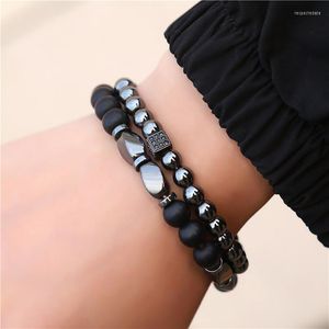 Pulsera de cuentas esmeriladas negras para hombre, conjunto de cuentas de circón con microinserto de hematita y dados en forma de cubo