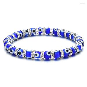 Strand Blue Evil Lucky Eye Pulseras de cuerda elásticas hechas a mano Cuentas de vidrio 6MM Fiesta de cristal Regalo de joyería ajustable