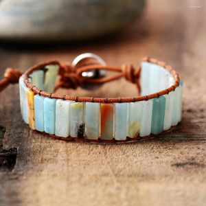 Strand Bohemia Bracelet Amazonite Single Vintage Leather Wrap Semi Precious Stone Beaded Cuff Drop