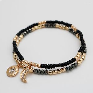 Strand Charm Star Moon Glass Black Stone Beaded Bracelet Set para mujer Trendy ajustable delicado regalo de joyería 2023 A0105