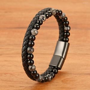 Bracelet pour hommes, Style rétro européen et américain, pierre Flash noire, roche volcanique associée à une corde en cuir véritable