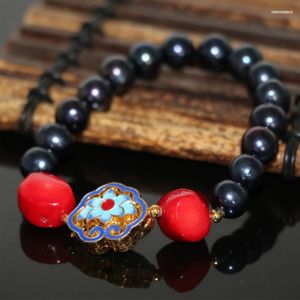 Pulsera de moda de hebra para mujer, cuentas de perlas negras naturales de 9-10mm, joyería elegante Cloisonne de coral rojo, 7,5 pulgadas B2970