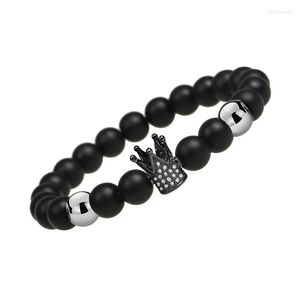 Strand Fashion Crown Charm Bracelet Men Royal Temperament Pave CZ 8mm Black Matte Beaded para regalo de joyería