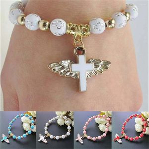 Pulsera elástica de moda con cuentas de Rosario con colgante de Cruz de Ángel, joyería religiosa, regalo de recuerdo de viaje para niñas y mujeres