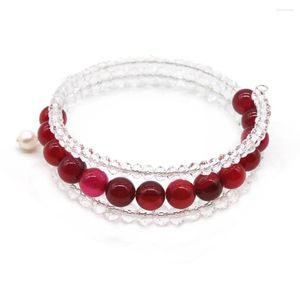 Strand Fushcia 8 mm Gemstone White Crystal Warp Bracelet Pearl Harm 3 Capas Mujeres Bangle Christmas Red Jewelry Regalo GB027