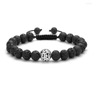 Strand FYSL Bola de metal chapada en plata Conectar Cuentas de piedra de lava negra Pulsera elástica Joyas de cuarzo rosa rosa