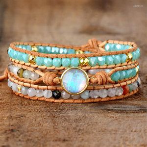 Strand fait à la main Boho multi-couches cristal naturel Agate pierre perles Bracelet perlé opale 3 brins en cuir Wrap bracelets pour femme