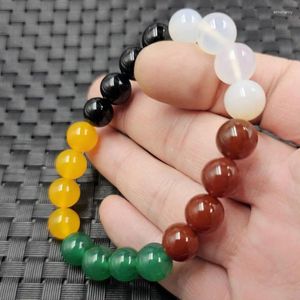 Bracelet en agate cinq couleurs, semblable à un brin, noir et blanc, rouge, jaune, vert, 14mm, calcédoine, perles en bois