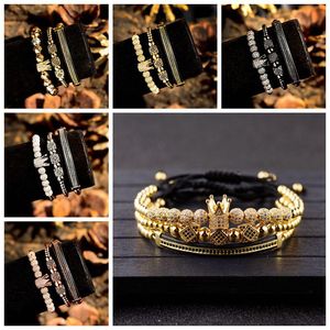 Strand De Luxe Tressage Bracelet Hommes 3pcs / set Punk CZ Zircon Long Tube Polygone Boule Couronne Macramé Bracelets Ensemble Pour Femmes Bijoux Perlé