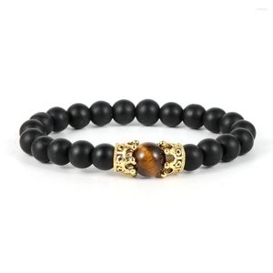 Pulseras elásticas de cuentas de alabastro de hematita de ojo de tigre de piedra Natural para hombre, pulseras elásticas de corona de mosaico de latón, amuleto de circón, joyería masculina