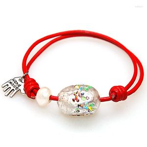 Strand Miasol Pulsera ajustable hecha a mano de cuero de amistad con cuentas de cristal de murano frustradas de plata y perlas de agua dulce para mujer