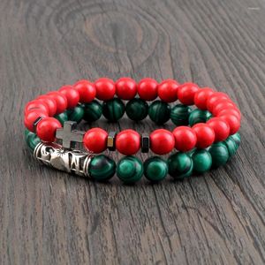 Strand More Style Red Green Color Pulsera de piedra natural 6 8MM Línea negra Cuentas de malaquita Brazaletes Joyería Regalo de Navidad