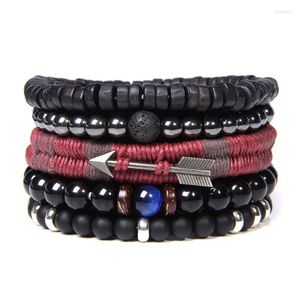 Strand Multilayer Wrap Leather Bracelet Set Arrow Cuerda roja Black Wood Stone Beads Pulseras para hombres Hematite Tribal Wristbands