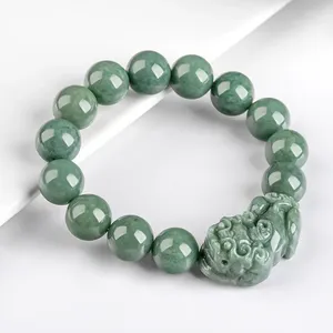 Pulsera de cuentas de cadena de mano Pixiu verde de frijol profundo de Jade de grado A Natural, accesorios para hombres y mujeres