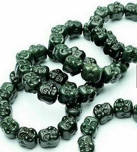 Bracelet en perles de Jade Hetian vert foncé certifié naturel, brin de tête de bouddha heureux