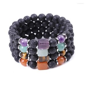 Hebra de pulsera de cristal natural para hombres y mujeres, joyería curativa, cuarzo de roca, cuentas cuadradas de acero, piedra de Lava negra, amatistas elásticas