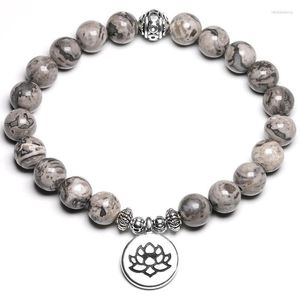 Brin naturel gris carte pierre charme Lotus femmes Bracelet hommes énergie élastique corde Yoga spirituel bijoux