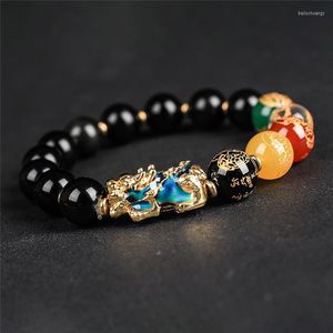 Brin obsidienne naturelle cinq éléments le dieu de la richesse pierre perles bracelets chanceux Pixiu Couple bracelets bijoux