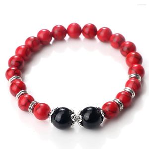 Strand Naturel Rouge Pierre Bracelets 8mm Agates Brillant Noir Perles Rondes Bracelets Extensibles Pour Femmes Hommes Charme Bijoux Couple Cadeau