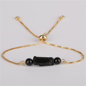 Strang Natürlicher rauer schwarzer Turmalin-Mineral-Edelstein-Heilstein Glatter Onyx-Perlen-Link-verstellbares Armband für Frauen und Männer