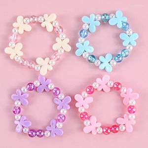 Pulsera hecha a mano con cuentas transparentes de princesa rosa para niñas, pulseras de cadena de perlas de mariposa de resina bonitas, joyería para fiestas infantiles