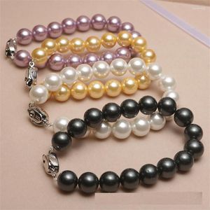 Pulsera de perlas de concha de calidad de hilo, pulseras de mujer grandes exageradas de 10mm, abalorio de 8mm, brazalete de cuentas blancas y rosas, joyería