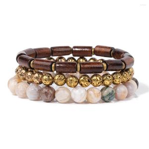 Bracelet bouddhiste tibétain en bois, cylindre, colonne, Agates folles, couleur or, lave, roche volcanique, ensemble de perles, bijoux pour hommes