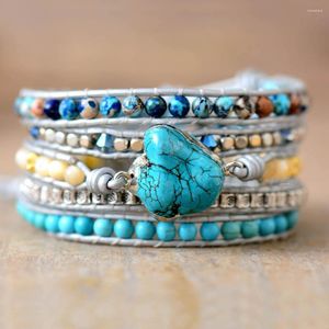 Strand Trendy Beaded Multi Layered Wrap Pulseras Boho Turquesas Bracelate trenzado Joyería de cuero hecha a mano Bijoux al por mayor