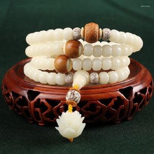 Bracelet bouddhiste à brins tendance, racine de Bodhi blanche naturelle, 108 perles Mala sculptées à la main, pendentif Lotus, Bracelets de prière, vente en gros