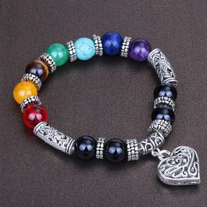 Strand Vintage Love Heart 7 Chakra Perles De Guérison Bracelets Élastique Énergie Yoga Bracelet Charme Unique Pendentif Bijoux Goutte Brins De Perles