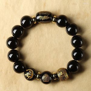 Strand gros noir obsidienne pierre naturelle Bracelet coeur Sutra zodiaque tigre perles rangée de main pour femmes hommes bijoux de mode