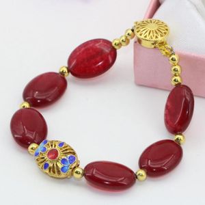 Brin prix de gros cloisonné entretoises perles 13 18mm pierre naturelle rouge Jades calcédoine ovale Bracelets bijoux 7.5 pouces B2727