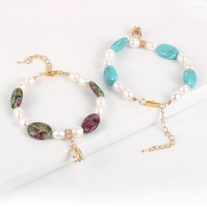 Strand Mujeres Piedra Natural Oval Cuarzo Ópalo Rosa Cristal Turquesas Pulsera Perlas de agua dulce Perlas Rosa Flor Encanto Brazalete Joyería