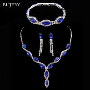 Brins Blijery Elegant Royal Blue Crystal Wedding Bijoux Ensembles strass de collier à glands longs Boucles d'oreilles