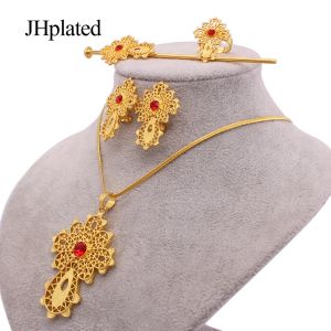 Strands Dubai Gold Accesorios nupciales chapados Juegos de joyería Pendientes de collar cruzado Anillos de pulsera Regalos Joyería de boda para mujeres