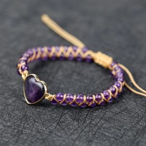 Brins de haute qualité Amethyst Stone Heart Shape Charm String Traided Yoga Natural Stone Perles faites à la main Bracelet Bangle Lovers Bijoux
