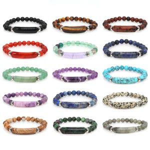 Strands Rectangle Bar Charm Bead Bracelets for Women Natural Stone Healing Crystal Quartz Amethyst Elástico Brazulario de parejas Joyería