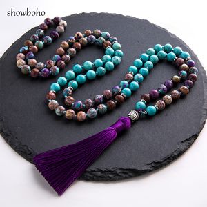 Strands Strings 8mm Naturel Turquoise Violet Imperal Jaspers Perlé Noué 108 Japamala Collier Méditation Yoga Tibétain Bouddha Tête Bijoux 230419