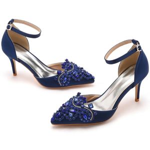 Sandalias sandalias Party Silk Rhinestone 7cm Cubierta de tacón Hebilla Correa zapatos de vestir formal para mujeres Zapatos de baile azul marino Zapatos Femenino 240329