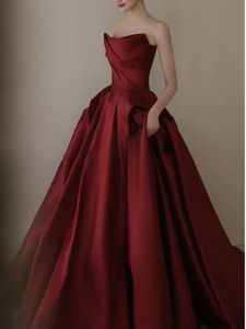 Strapless Elegant Satin Simple Evening Dresses Niche 2024 Wedding Party Dress Temperament Pleated Luxury Robe Women Vestidos 240201