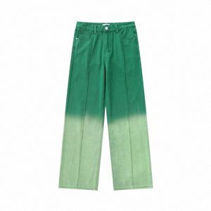 Street Art Dégradé Jeans Hommes Lâche Droite Pantalon Large Y2k Fi Dames Taille Haute Vert Baggy Denim Pantalon B4JH #